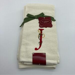 St Nicholas Square Ivory Christmas Hand Towels Monogrammed J Red Metallic Gold
